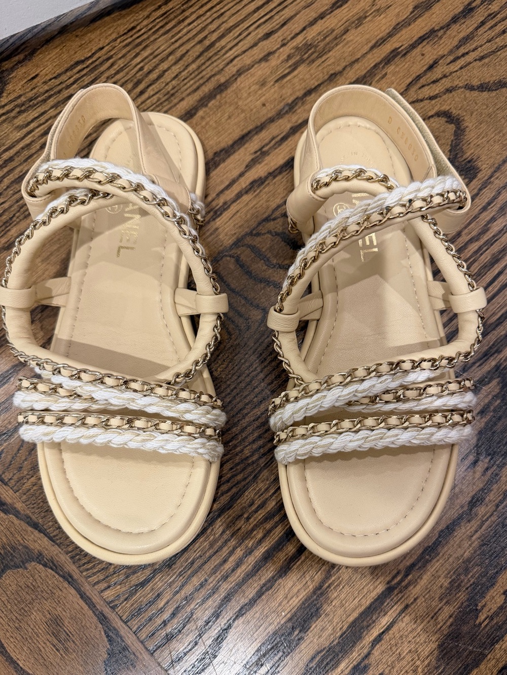 CHANEL Cream Braided & Chain Strap Sandals